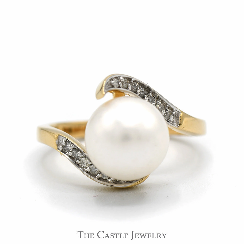 Stylish Accent Low Profile Look White Round Pearl Ring with Diamond Accented Bypass Setting in 14k Yellow Gold