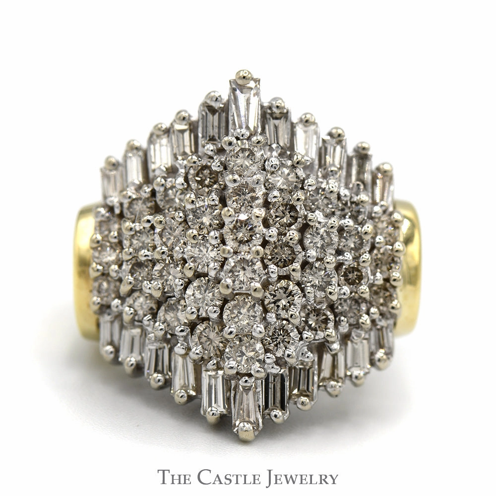 Creative Detail Gentle Harmony Wide 2.5cttw Round & Baguette Diamond Cluster Ring in 14k Yellow Gold