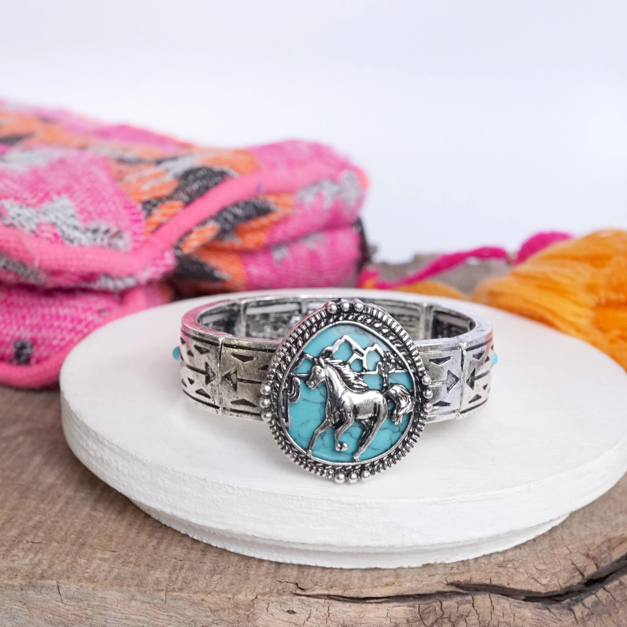 Lucky Combinations Boundless Blends Wild Range ?C Horse & Mountain Statement Bangle Bracelet in Silver & Turquoise