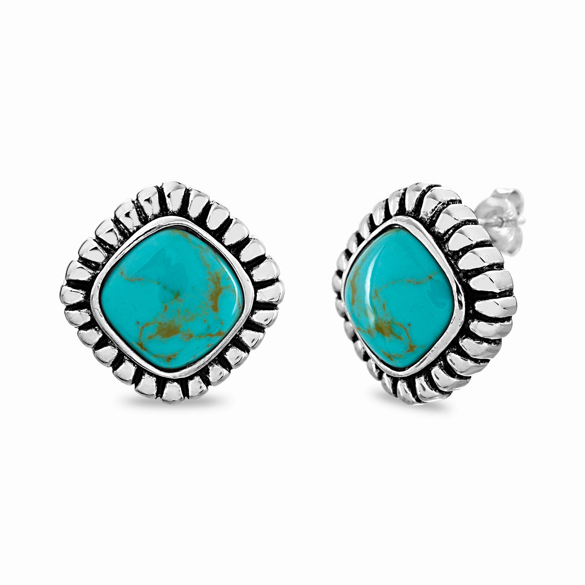 Willowbird Simulated Turquoise Post Earrings in Oxidized Sterling Silver Round Trinket