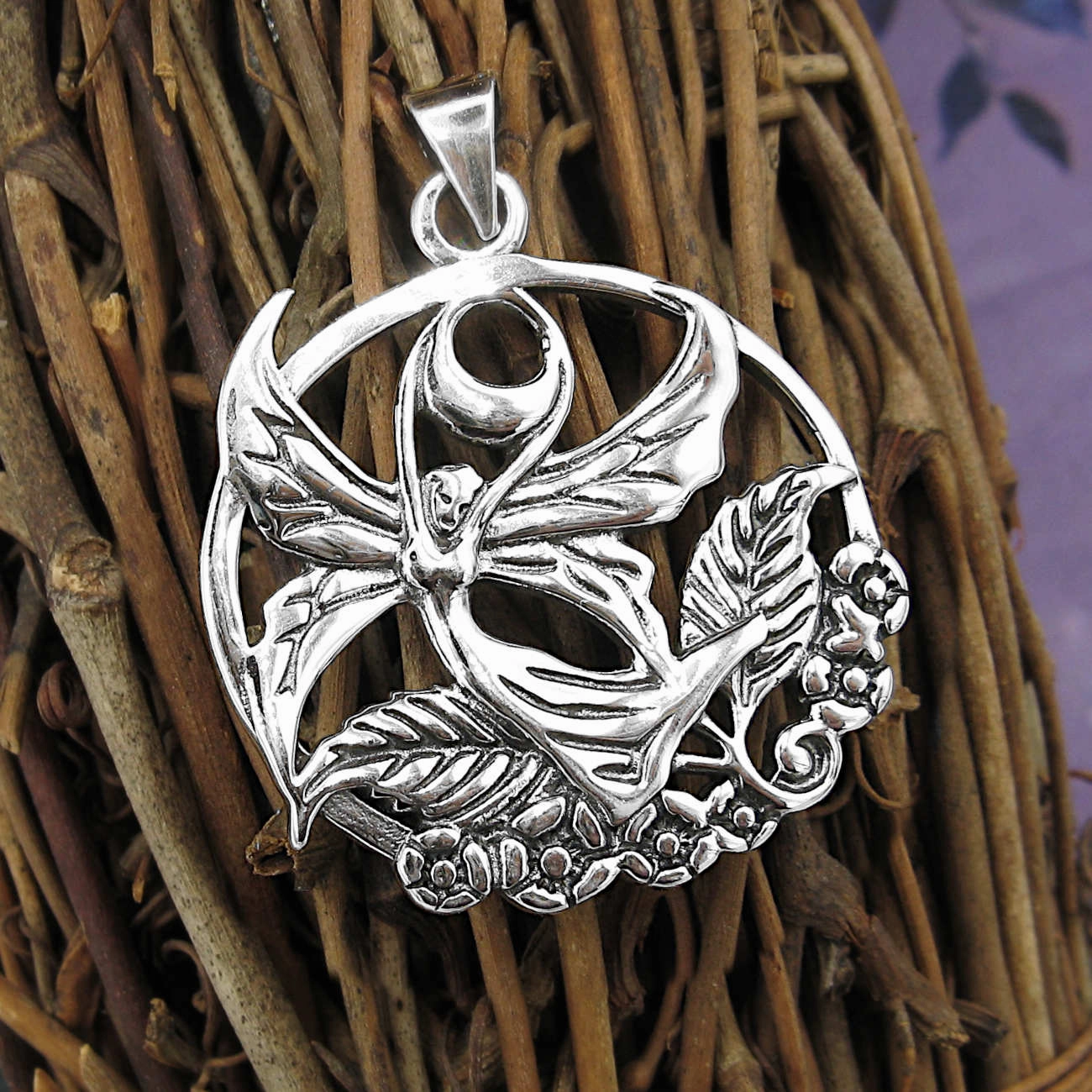 Winged Fairy Dryad Cut-Out Pendant w/ Crescent Moon & Flowers Collective Adornment