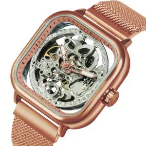 WINNER Automatic Watch Men Skeleton Mechanical Carved Square Dial Magnet Mesh Strap