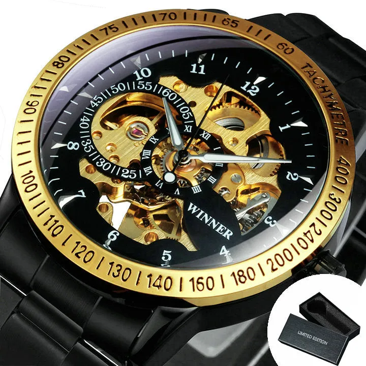 WINNER Steampunk Gold Skeleton Automatic Mechanical Watch for Men H216M Stainless Steel Strap