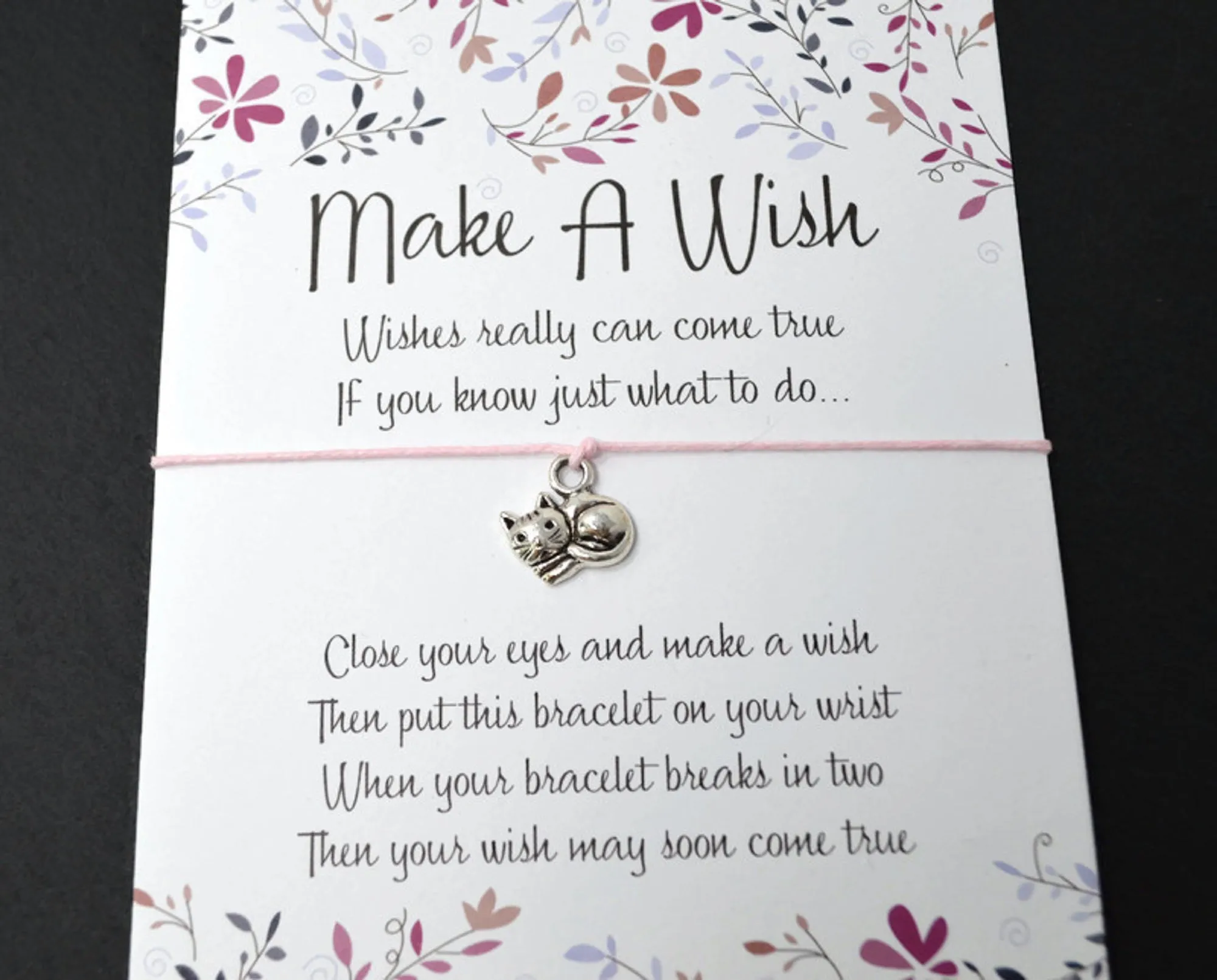 Wish Bracelet - Cat Charm. Sleepy Cat Bracelet. Kitty. Choice of Colours