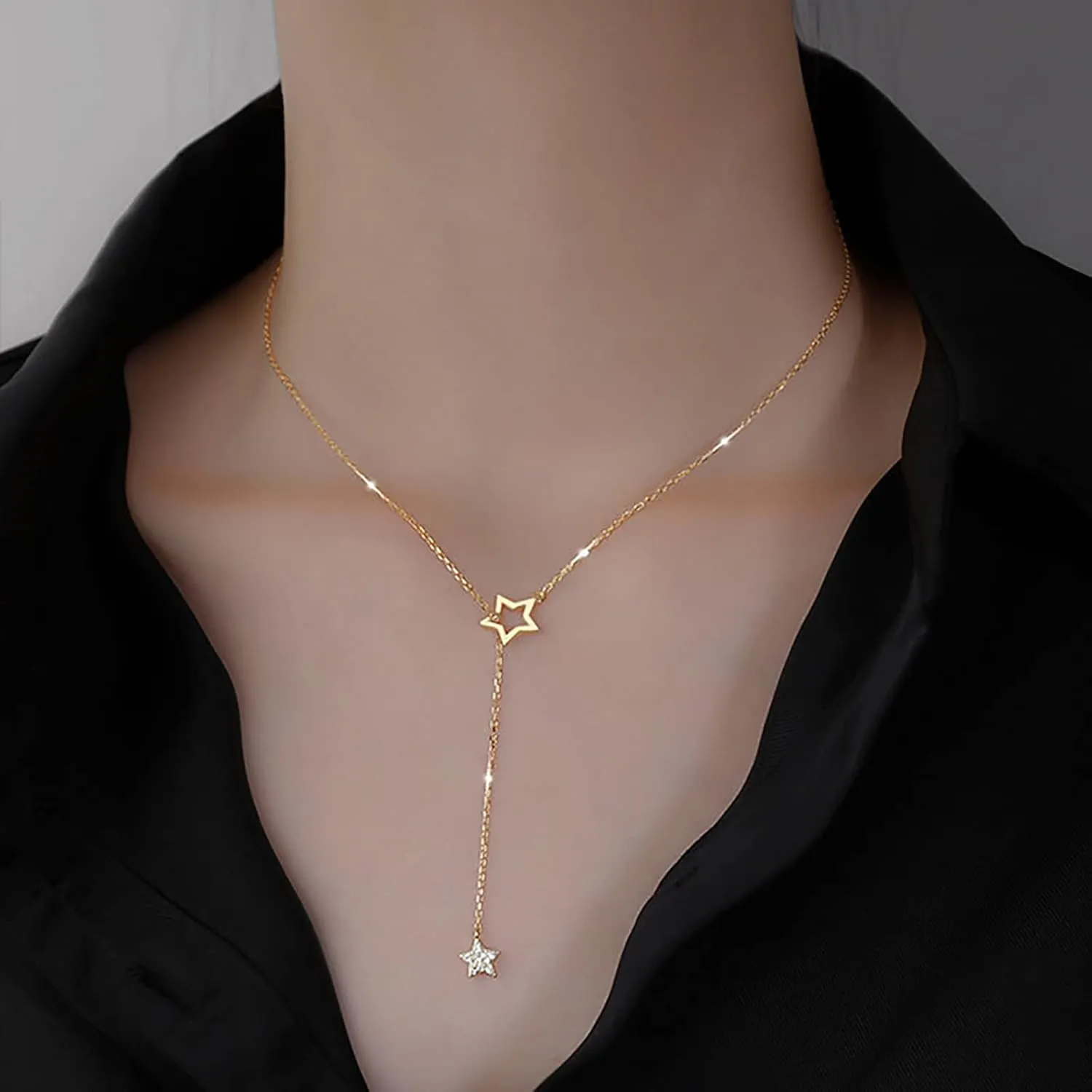Women Elegant Necklace Multilayer Long Necklace Fashion Layered Star Necklace Pendant Collarbone Chain (Gold, One Size)