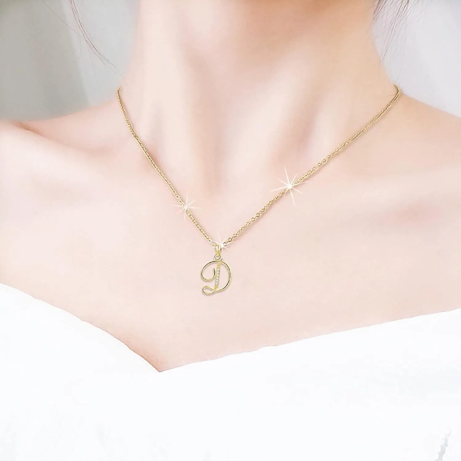 Women Initial Pendant Necklaces Alphabet Letter Clavicle Chain Dainty Cubic Zirconia Anniversary Necklaces