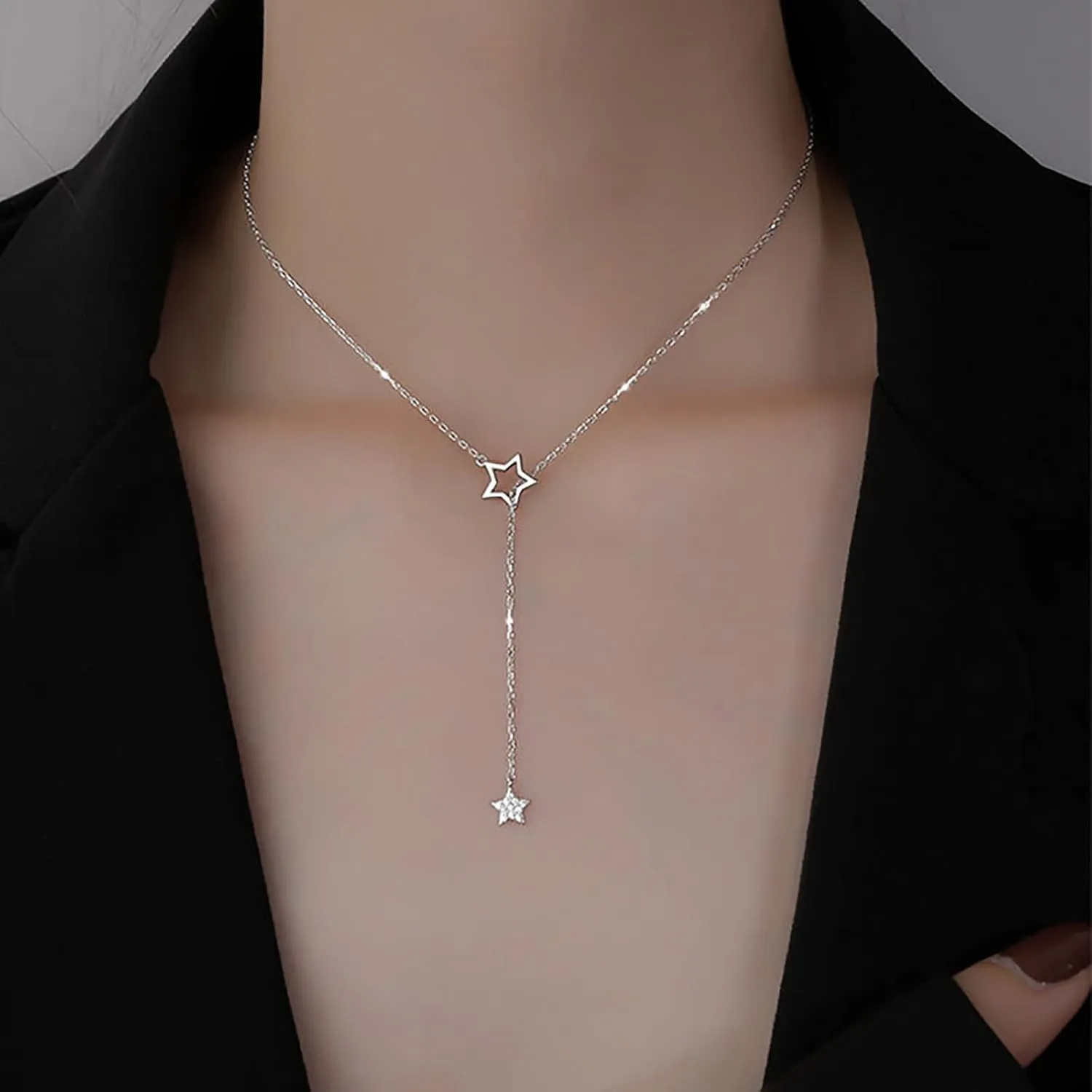 Women Layered Star Pendant Necklace Dainty Inlaid Zircon Clavicle Chain Stylish Minimalist Design Y-Necklaces