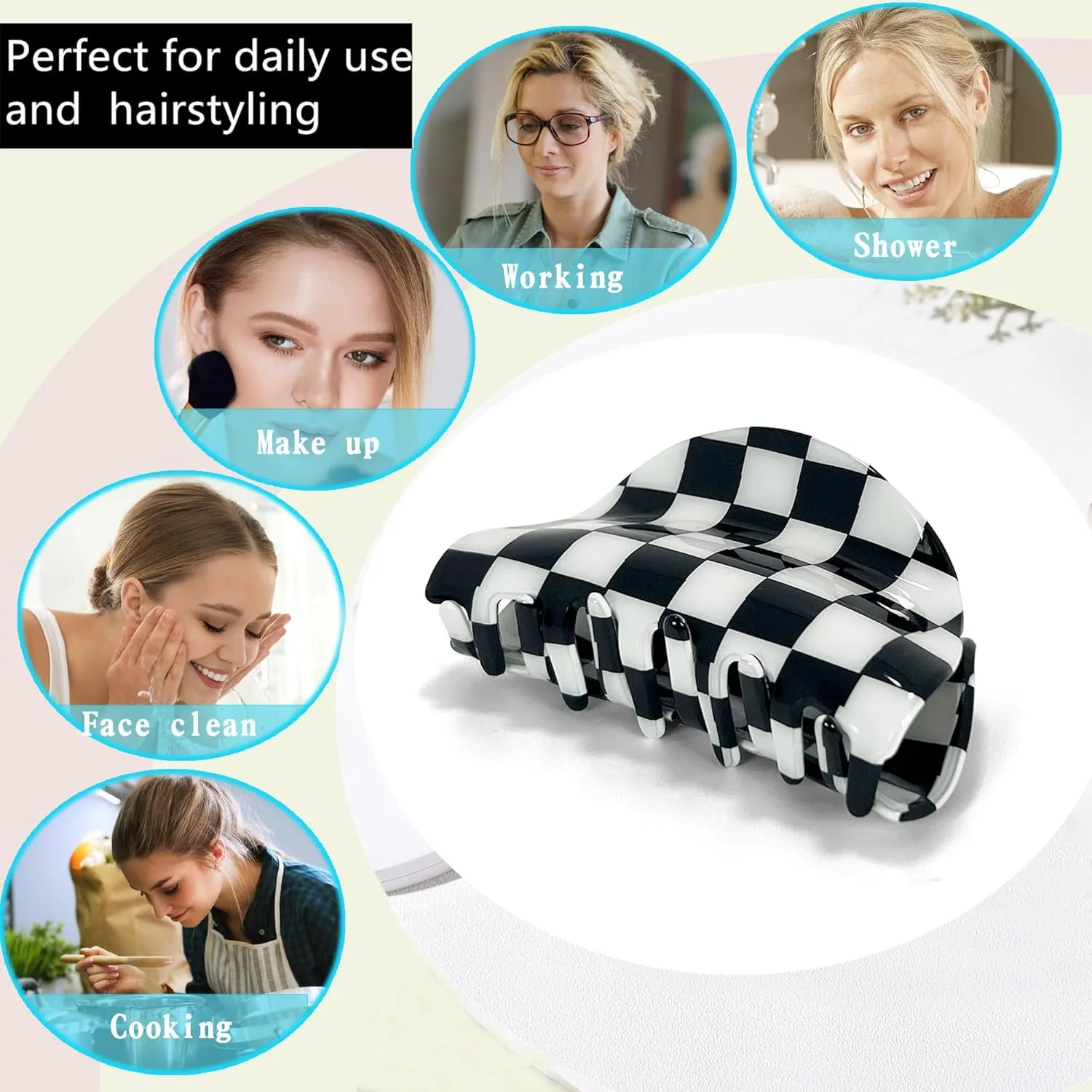 Womens Checkered Hair Clip Medium Checkered Claw Clips Black And White Jaw Clip,3pack