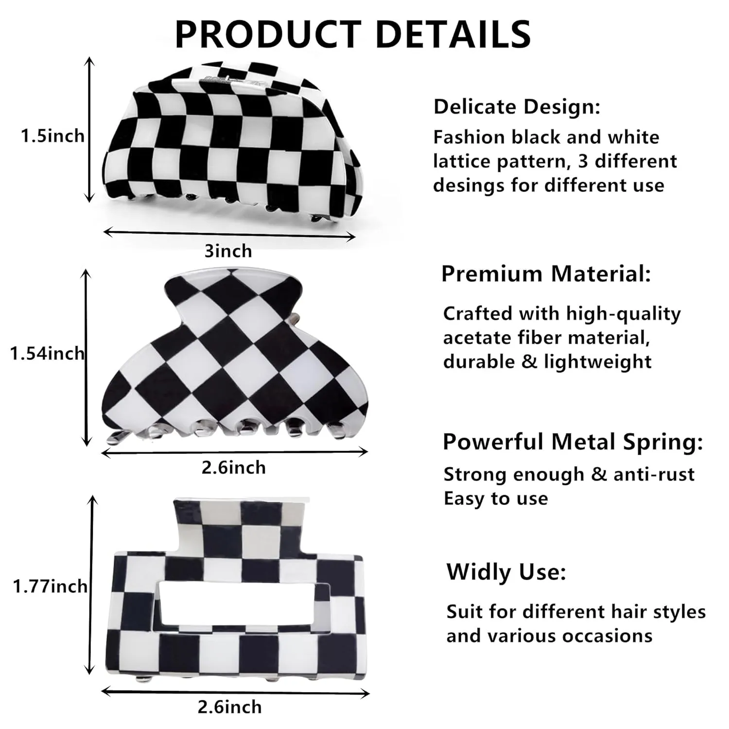 Womens Checkered Hair Clip Medium Checkered Claw Clips Black And White Jaw Clip,3pack