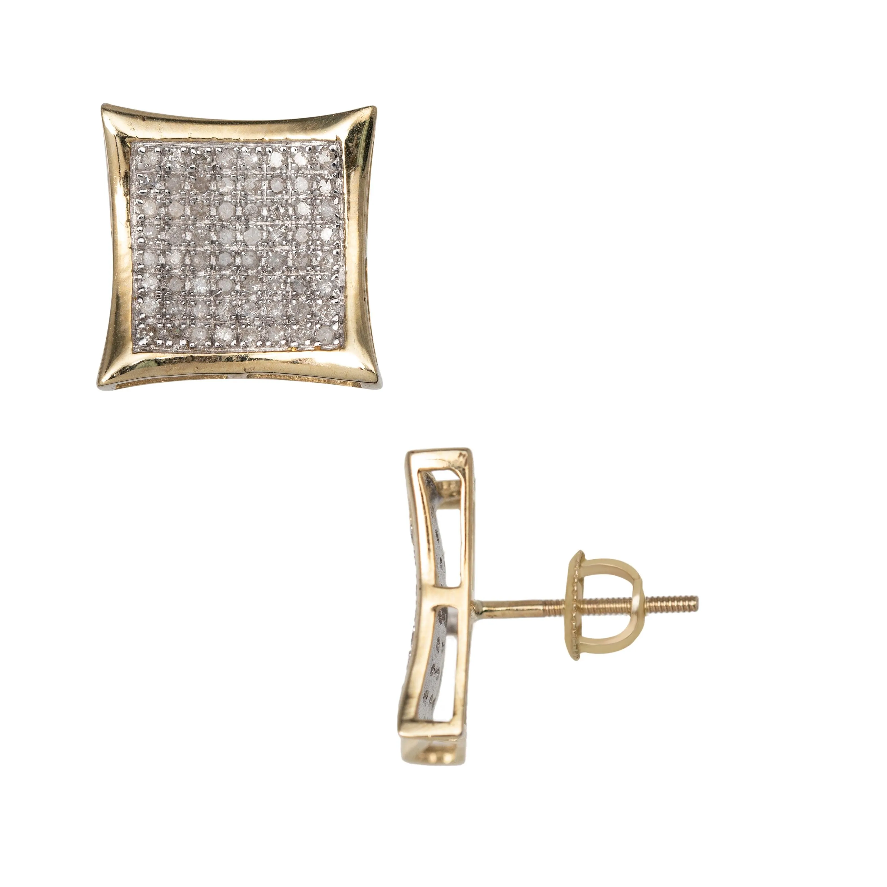 Women's Concave Square Frame Micro-Pavé Diamond Stud Earrings 0.51ct 10K Yellow Gold
