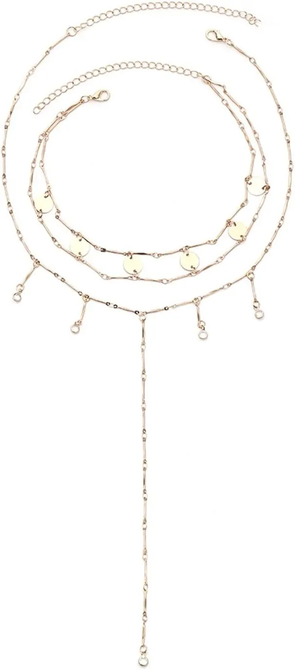 Women's Layered Necklace, Layer Necklace Chain 3 Layer Gold Lobster Claw Sequin Square Geometric Hang Tag Design Teenage Girls Gifts Ideas