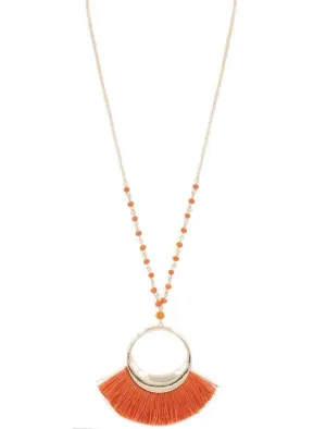 Womens Long Orange Cotton Tassel Pendant Necklace