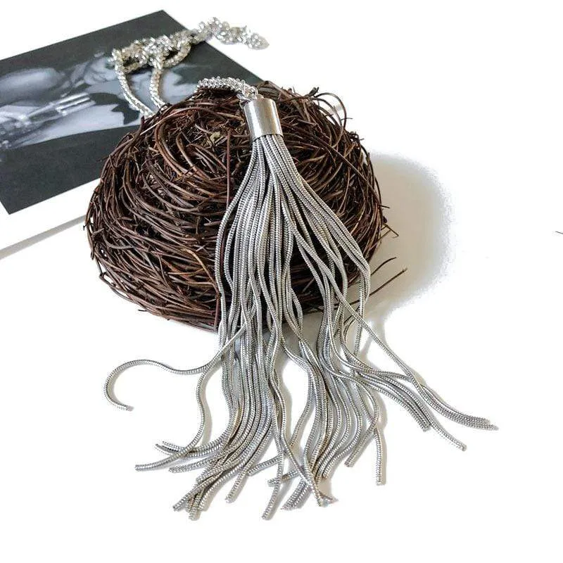 Womens Silver Tone Long Chain Tassel Pendant Necklace