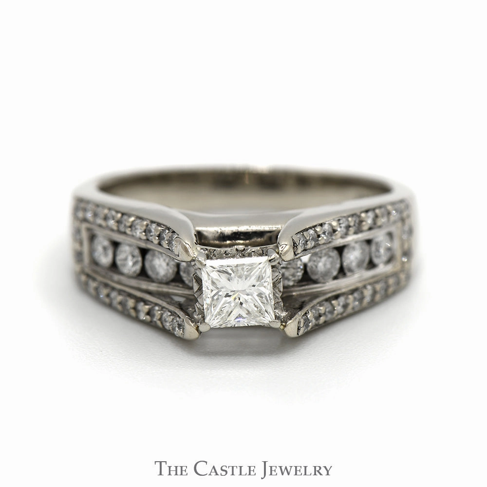Traditional Piece 1cttw Princess Cut Diamond Engagement Ring with Channel Set Diamond Accents in 14k White Gold