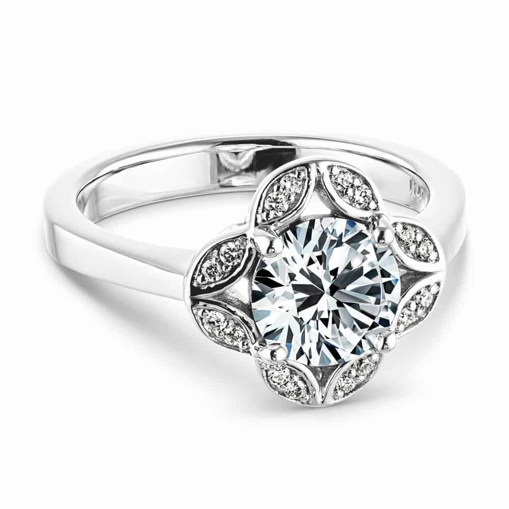 Grace Round Lab Grown Diamond Vintage Floral Halo Engagement Ring Contemporary piece