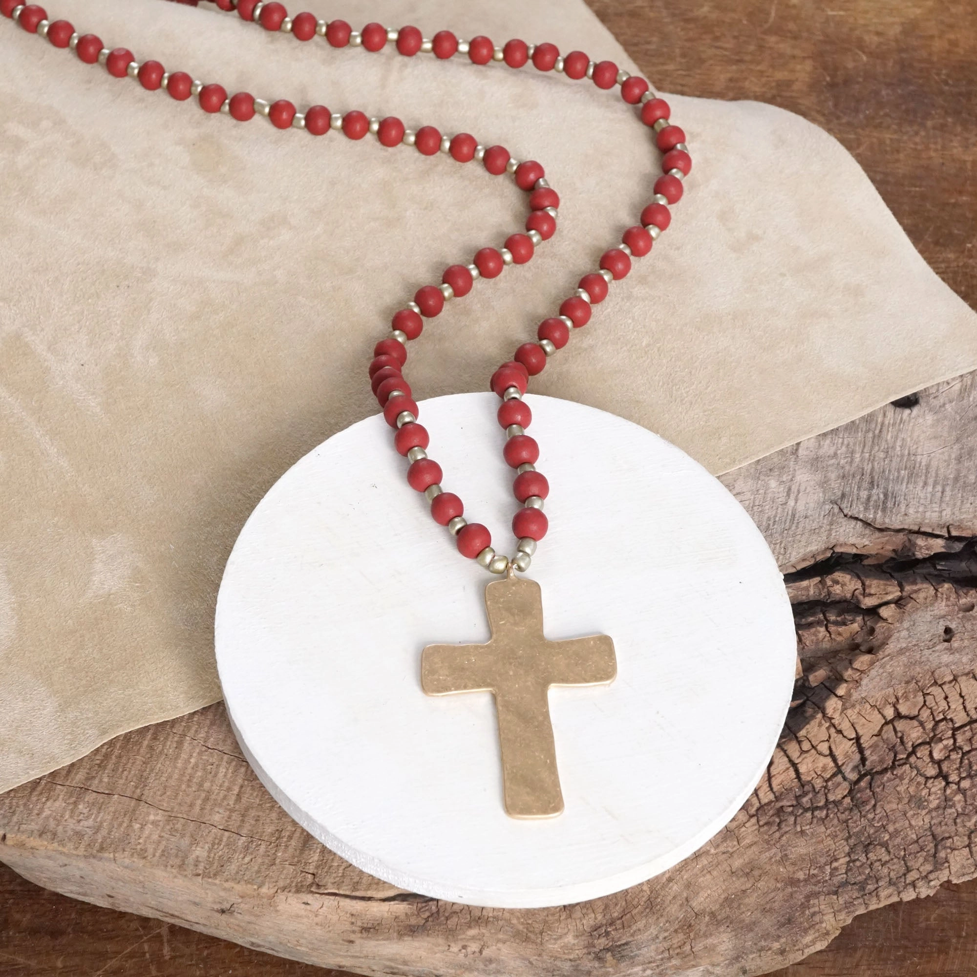 Comfortable Gift Radiant Accent Long Wooden Bead Necklace with Gold Cross