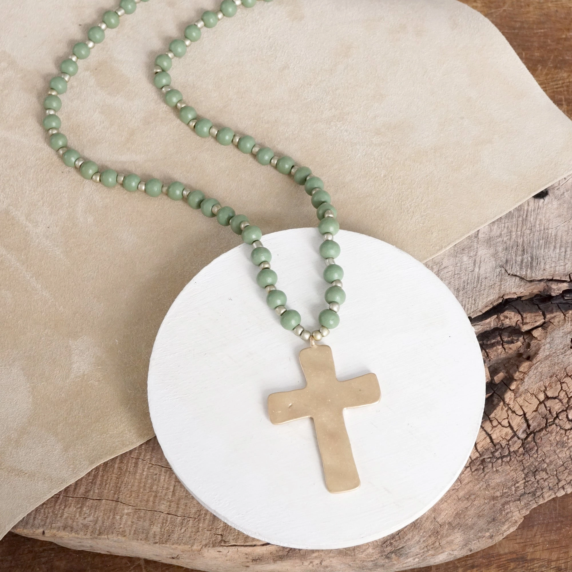 Layered Look Long Wooden Bead Necklace with Gold Cross