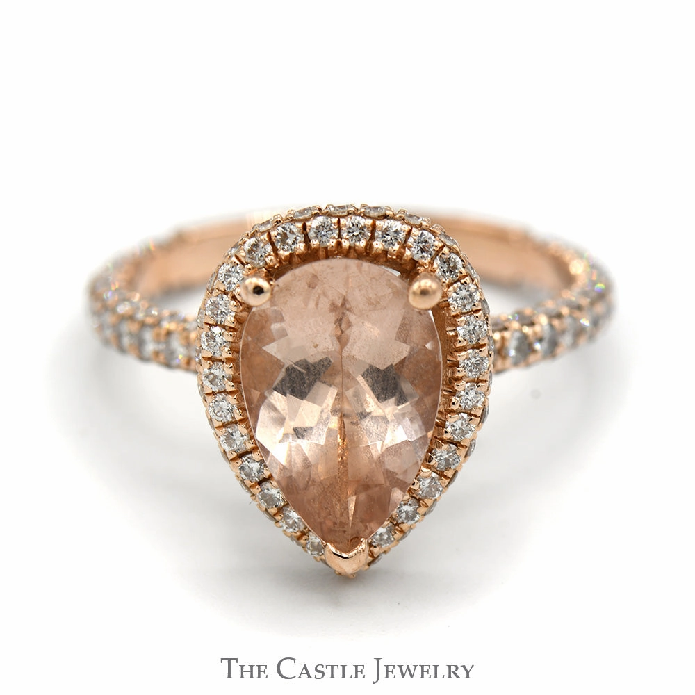 Balanced Contour Daytime Fashion Pear Cut Morganite Ring with Diamond Halo and Accented Sides in 14k Rose Gold