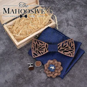 Wooden Bow Tie Handkerchief Set Men's Plaid Bowtie Wood Hollow Carved Cut Out Floral design And Box Fashion Novelty Men ties
