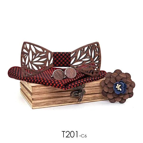 Wooden Bow Tie Handkerchief Set Men's Plaid Bowtie Wood Hollow Carved Cut Out Floral design And Box Fashion Novelty Men ties