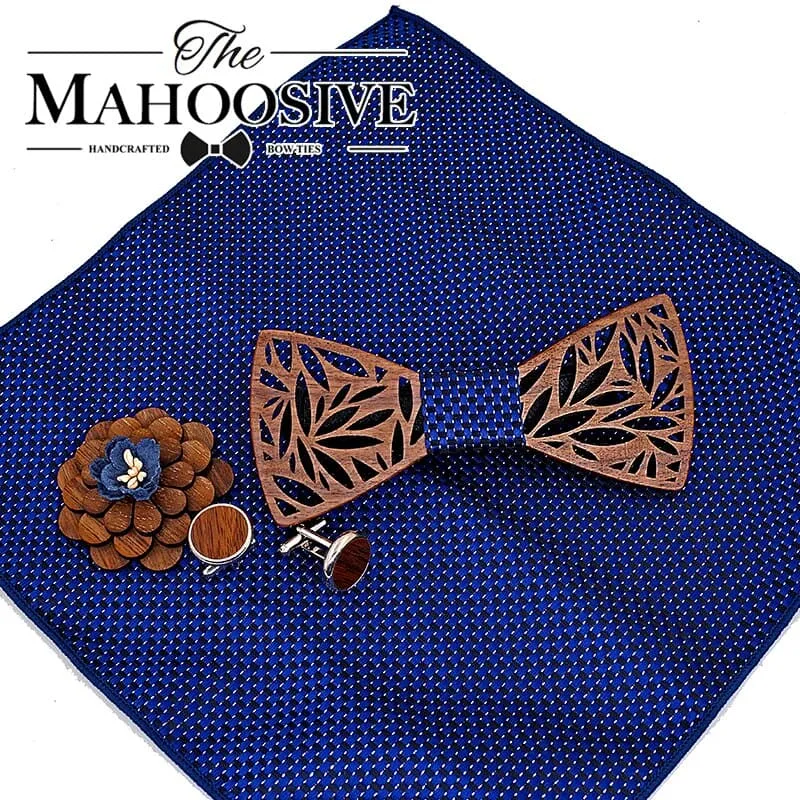 Wooden Bow Tie Handkerchief Set Men's Plaid Bowtie Wood Hollow Carved Cut Out Floral design And Box Fashion Novelty Men ties