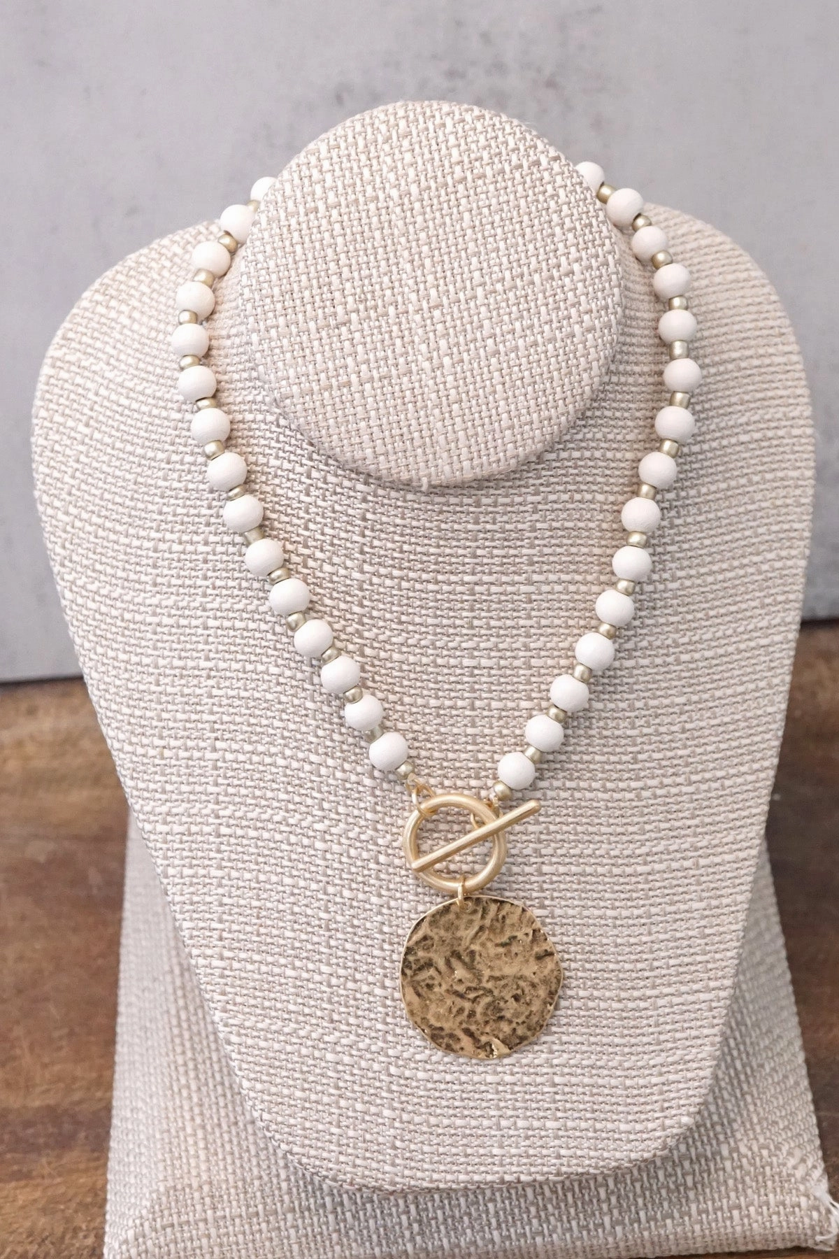 Wooden Beads Short Coin Toggle Necklace in Cream and Gold Modern Boy Holiday Joy