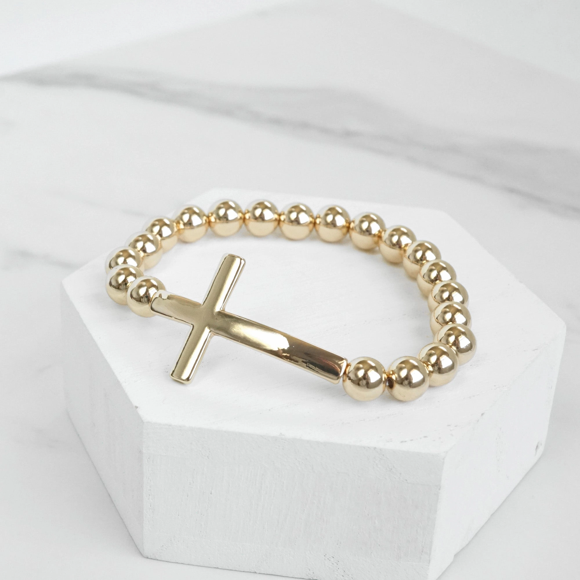 Steadfast Amalgamations Minimal Cross Ball Beads Stretchy Bracelet - Gold Silver tones
