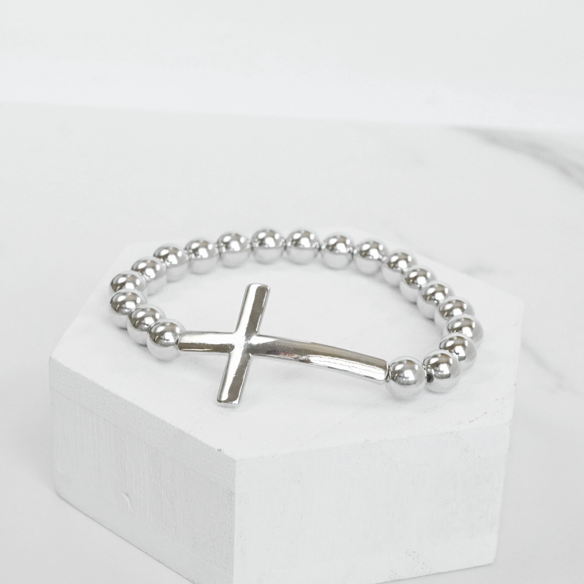 Full Composites Cosmic Appreciation Minimal Cross Ball Beads Stretchy Bracelet - Gold Silver tones