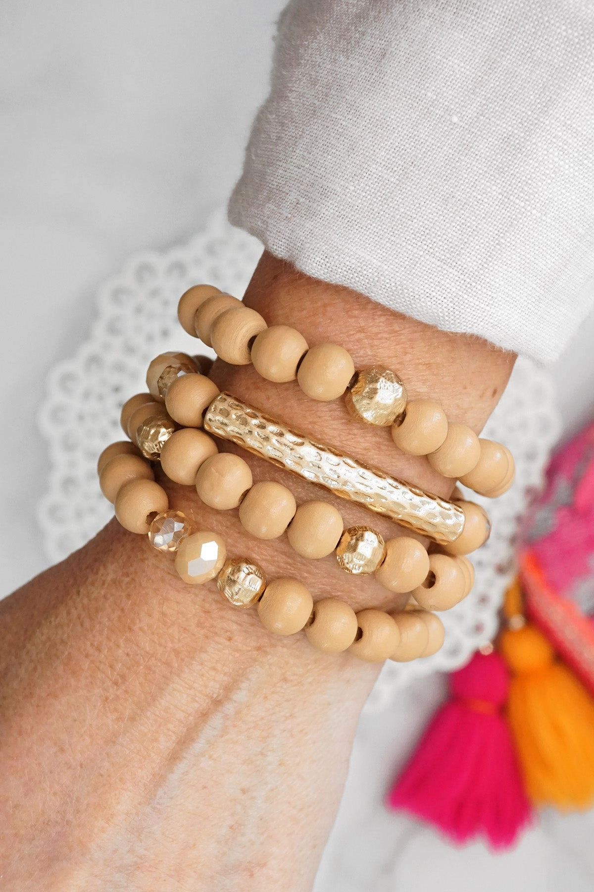 Vintage Yet Fresh Indispensable Find Beaded bracelets set in Wooden Neutral Beige and Gold tube
