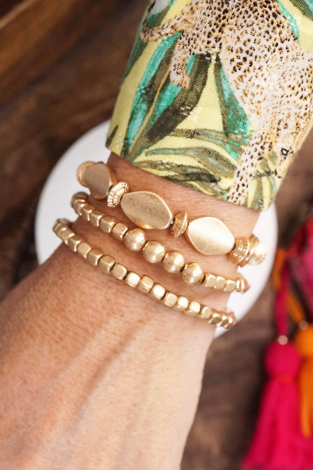 Stellar Fusions Slip On Worn Gold tone 3 bracelets stack multi size ball beaded