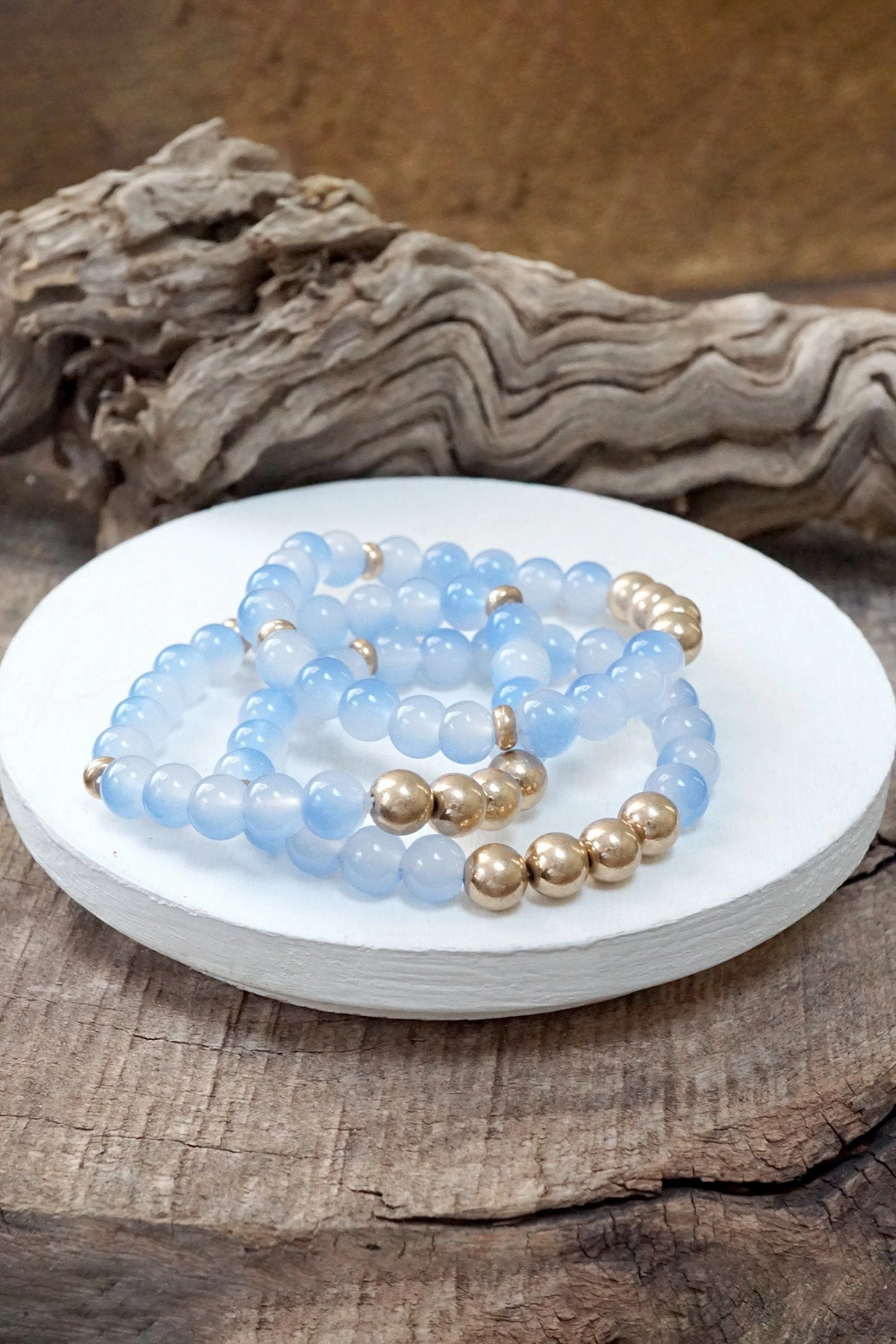 Worn gold tone and glass beads bracelets stack Hot Pink Blue Green Recently Crafted