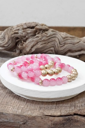 Worn gold tone and glass beads bracelets stack Hot Pink Blue Green Delightful Combinations Wide Amalgamations