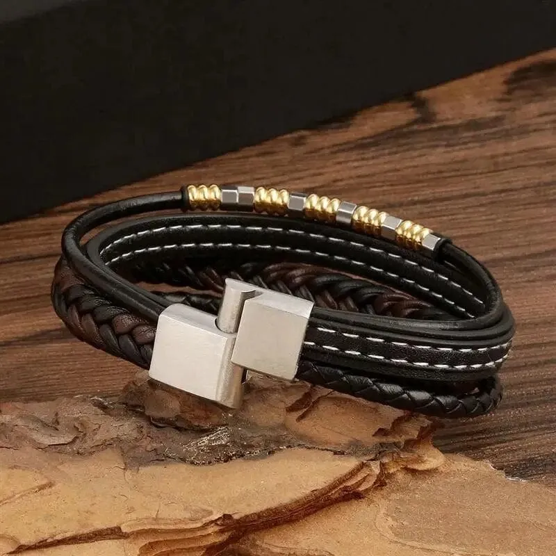 Wrap Bracelet Leather Mens Stack  Stitch Charm