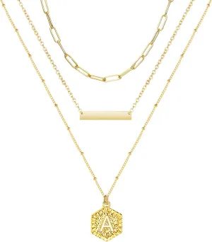 YANCHUN Gold Initial Necklaces for Women 14K Gold Plated Layered Necklace Paperclip Link Chain Pendant Necklace
