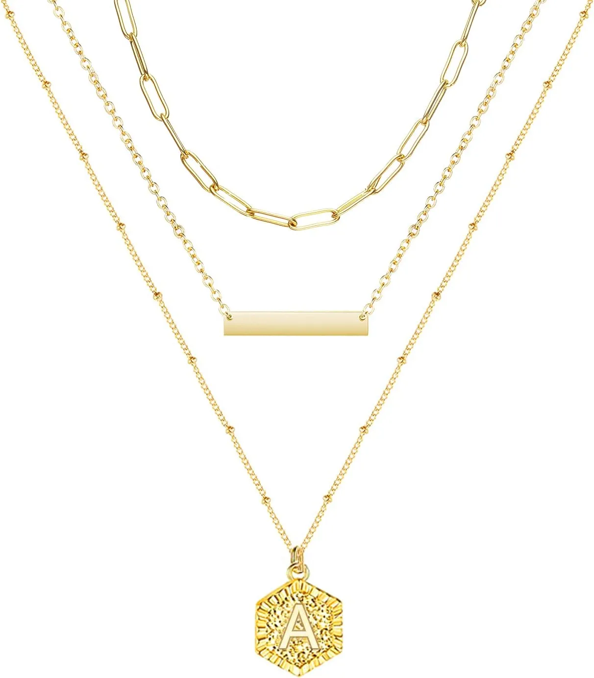 YANCHUN Gold Initial Necklaces for Women 14K Gold Plated Layered Necklace Paperclip Link Chain Pendant Necklace