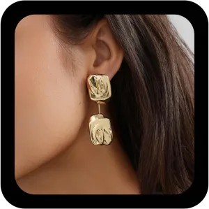 YienDoo Boho Square Drop Dangle Earrings Gold Lightweight Geometric Hammered Rectangle Earrings Statement Wrinkle Irregular Square Drop Earring Minimalist Geometric Prom Earrings for Women
