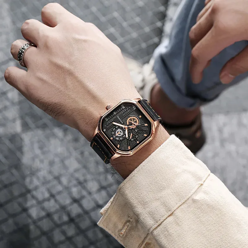 YIKAZE Men's Alloy Quartz Watch - Big Dial, Leather Strap, Waterproof
