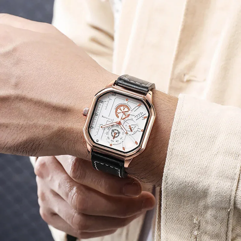YIKAZE Men's Alloy Quartz Watch - Big Dial, Leather Strap, Waterproof