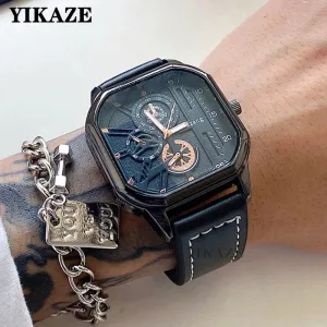 YIKAZE Men's Alloy Quartz Watch - Big Dial, Leather Strap, Waterproof