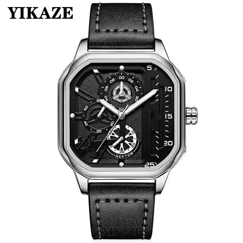 YIKAZE Men's Alloy Quartz Watch - Big Dial, Leather Strap, Waterproof