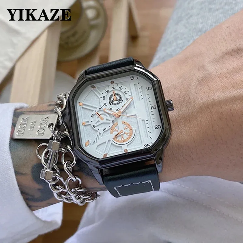 YIKAZE Men's Alloy Quartz Watch - Big Dial, Leather Strap, Waterproof