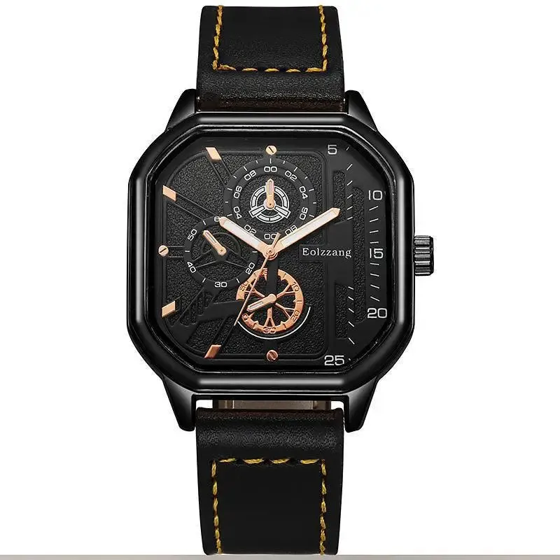 YIKAZE Men's Alloy Quartz Watch - Big Dial, Leather Strap, Waterproof