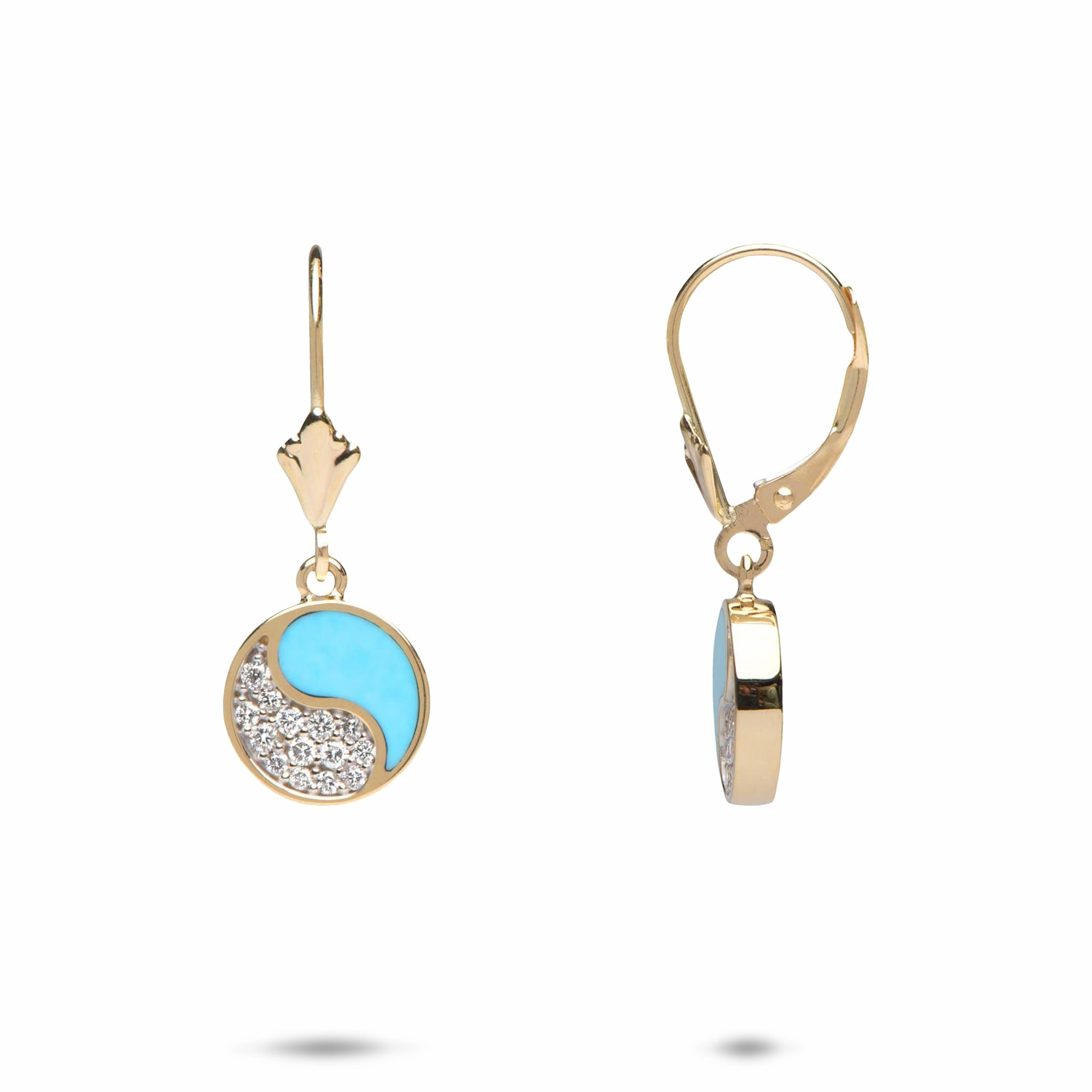 Elegant Line Special Gift Yin Yang Turquoise Earrings in Gold with Diamonds - 10mm