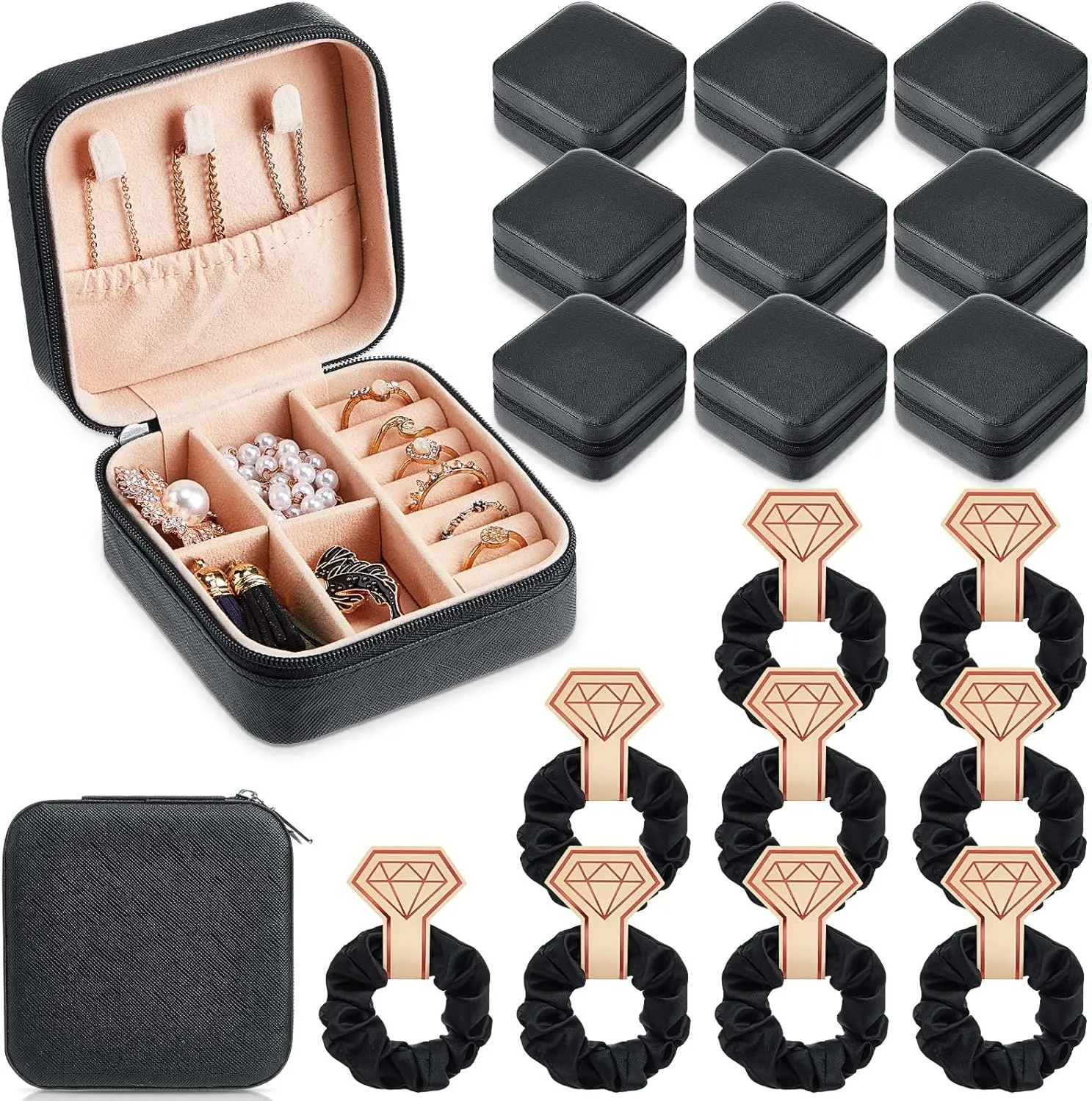 Yinkin 9 Pcs Jewelry Case Boxes Small Travel Mini Organizer with 9 Pcs Hair Scrunchies, Women Girls Earring Ring Gift(Black)