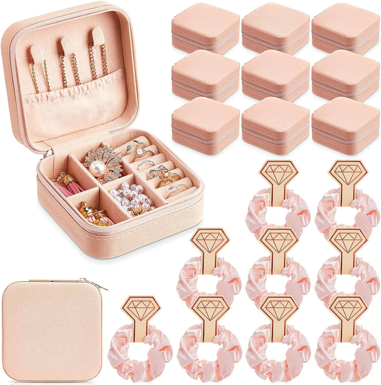 Yinkin 9 Pcs Jewelry Case Boxes Small Travel Mini Organizer with 9 Pcs Hair Scrunchies, Women Girls Earring Ring Gift(Pink)