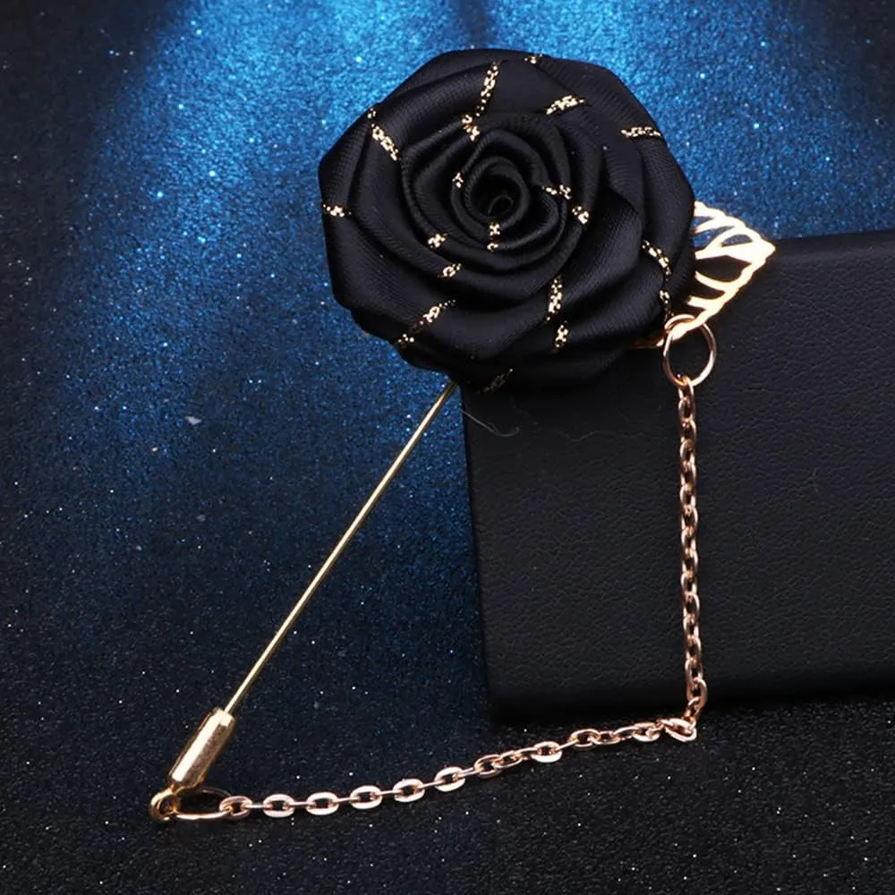 YOOE Men Cloth Rose Flower with Gold Leaf Brooch. Red Blue Rose Floral Lapel Stick Handmade Boutonniere Pins for Suit,Lapel Pin Wedding Brooch