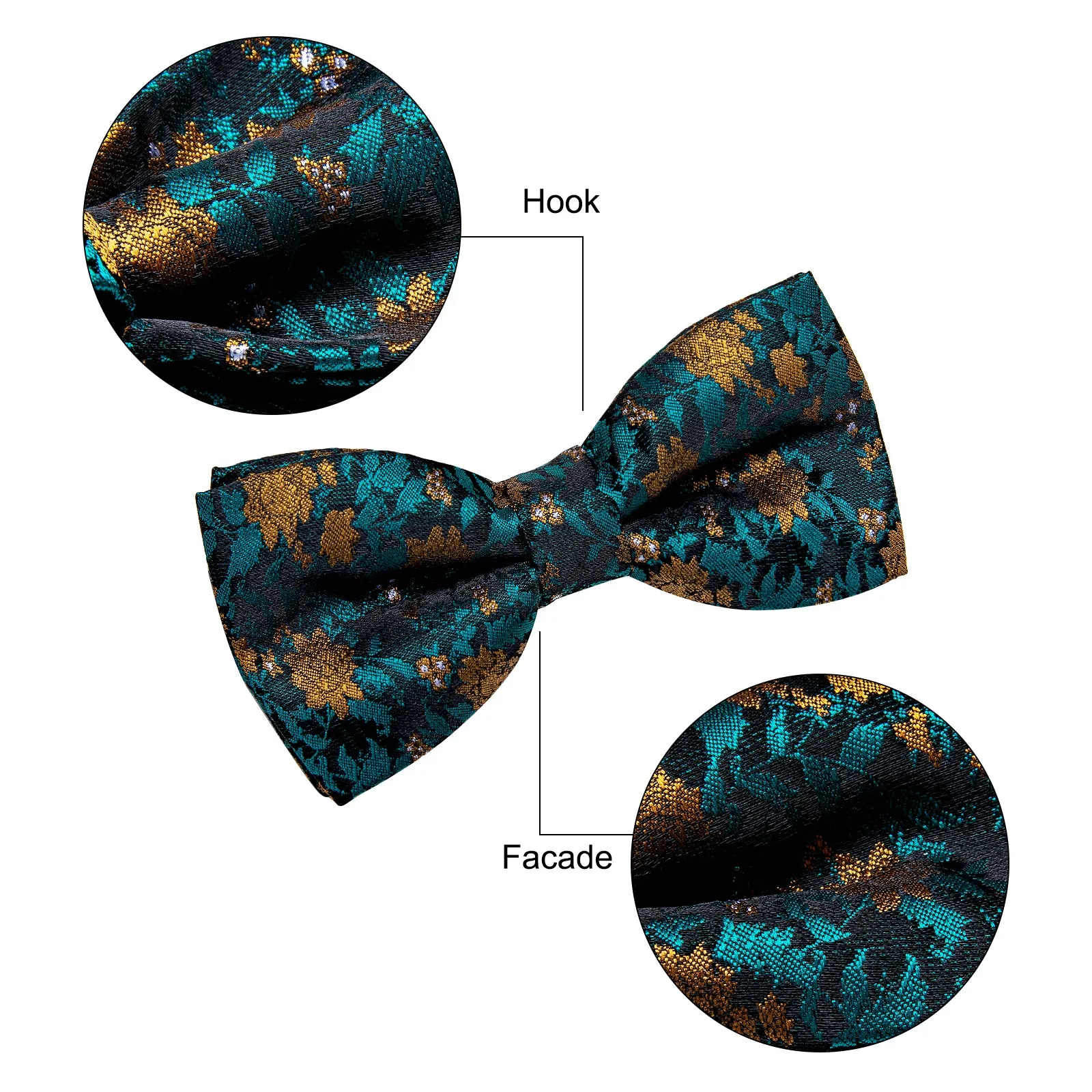 YourTies Peacock Blue Bow Tie Golden Floral Mens Silk Pre-tied Bowtie