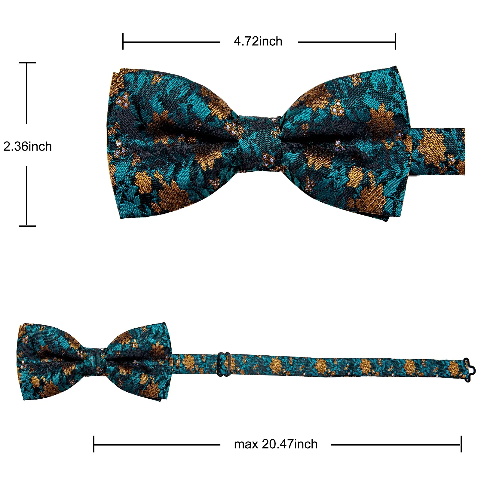 YourTies Peacock Blue Bow Tie Golden Floral Mens Silk Pre-tied Bowtie