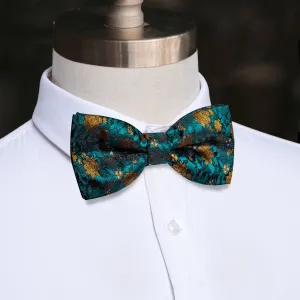 YourTies Peacock Blue Bow Tie Golden Floral Mens Silk Pre-tied Bowtie